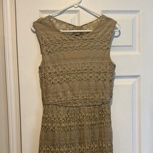 Sleeveless Lace Fit-&-Flare Dress in Tan with gold accents
